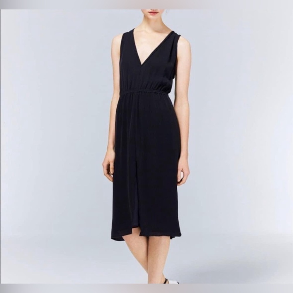 T. BABATON - 100% SILK BLACK V-neck Dress with elastic waist, front slit. XXS